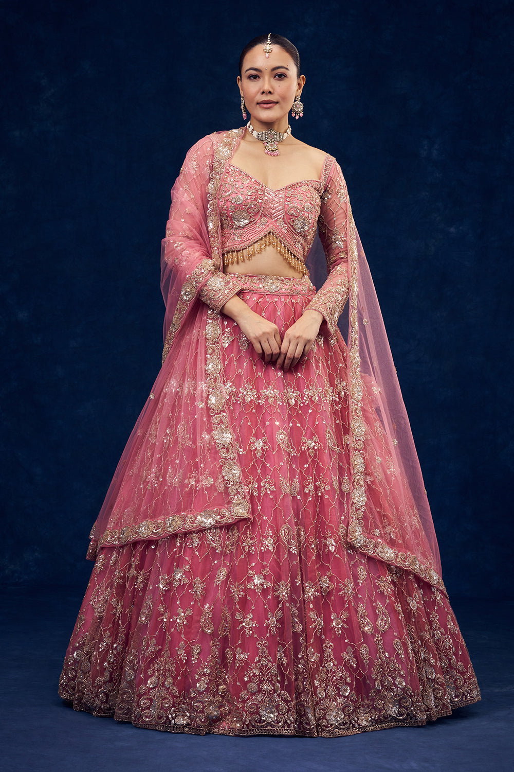 Rose Pink Net Lehenga with Cutdana and Sequin Handwork
