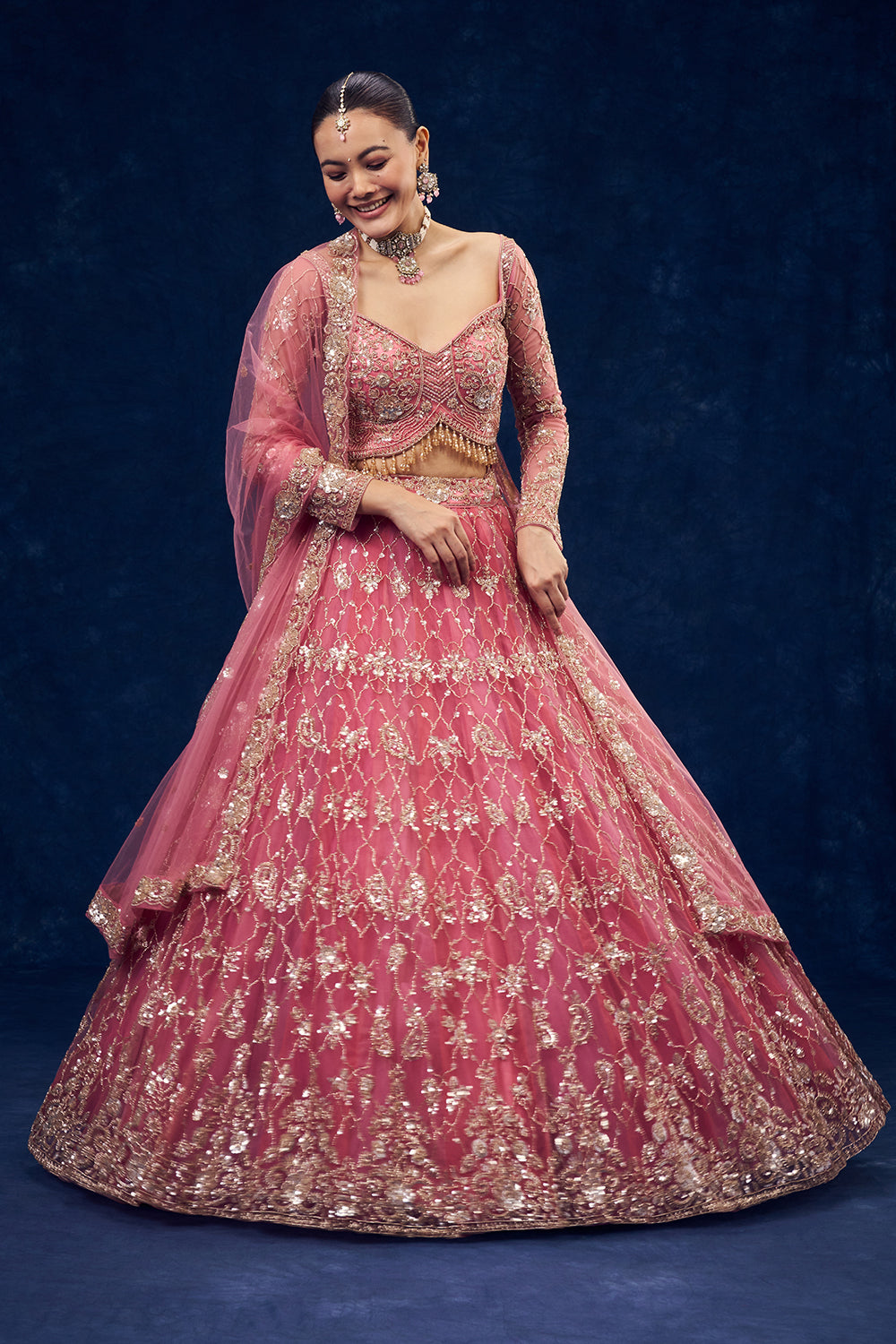 Rose Pink Net Lehenga with Cutdana and Sequin Handwork