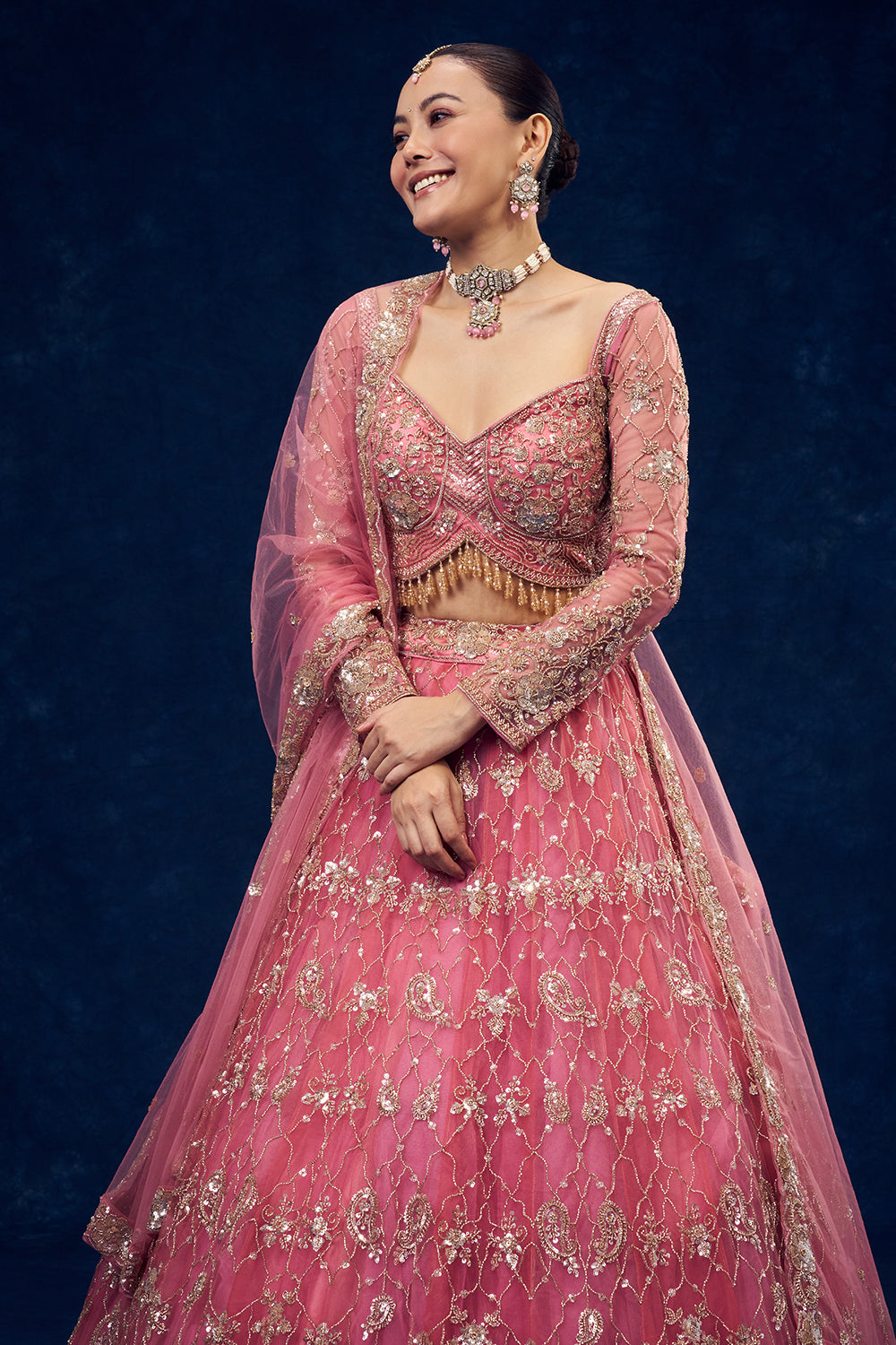 Rose Pink Net Lehenga with Cutdana and Sequin Handwork