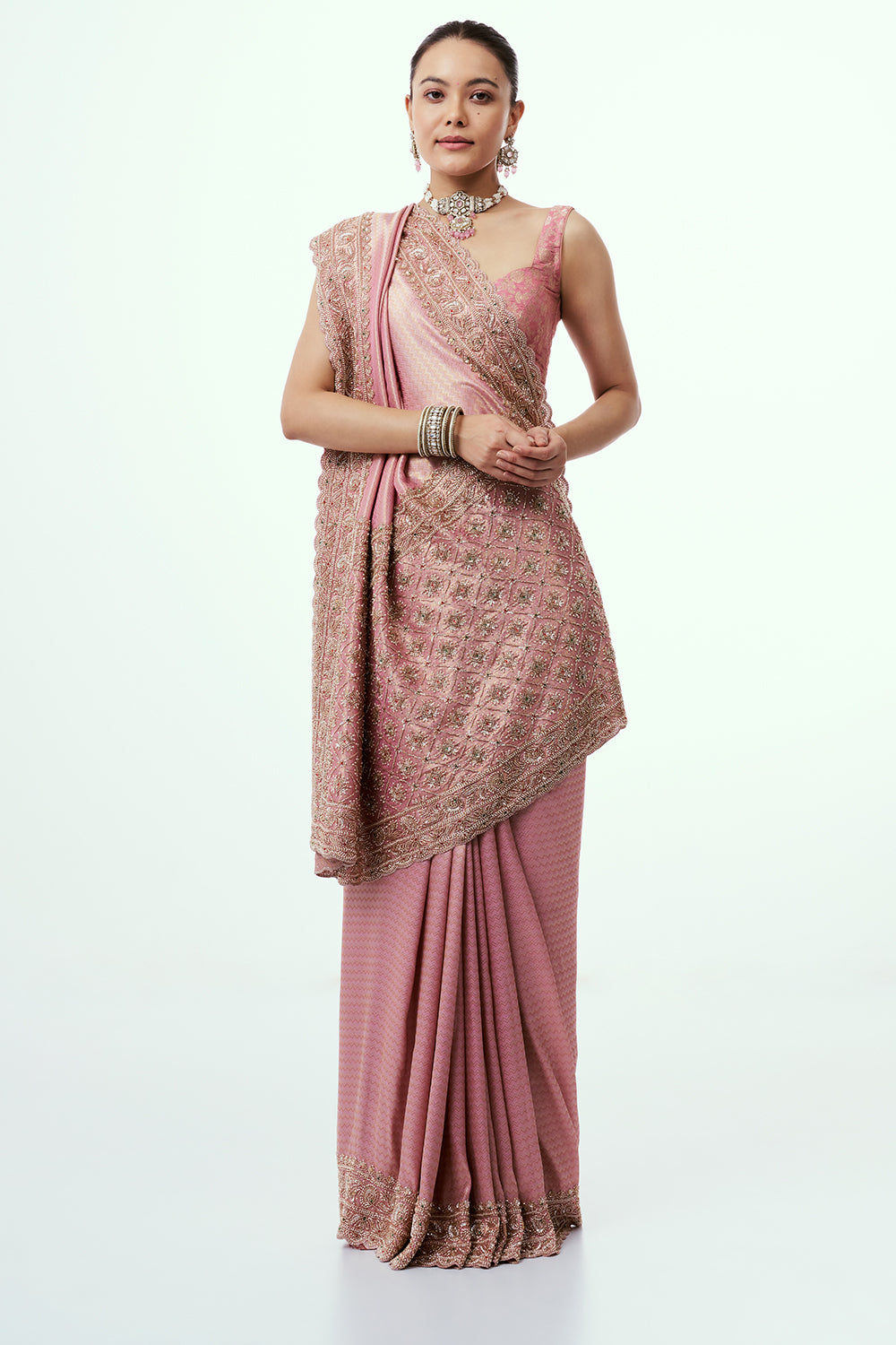 Rose Pink Shimmer Zari Tissue Saree with Cutdana Work