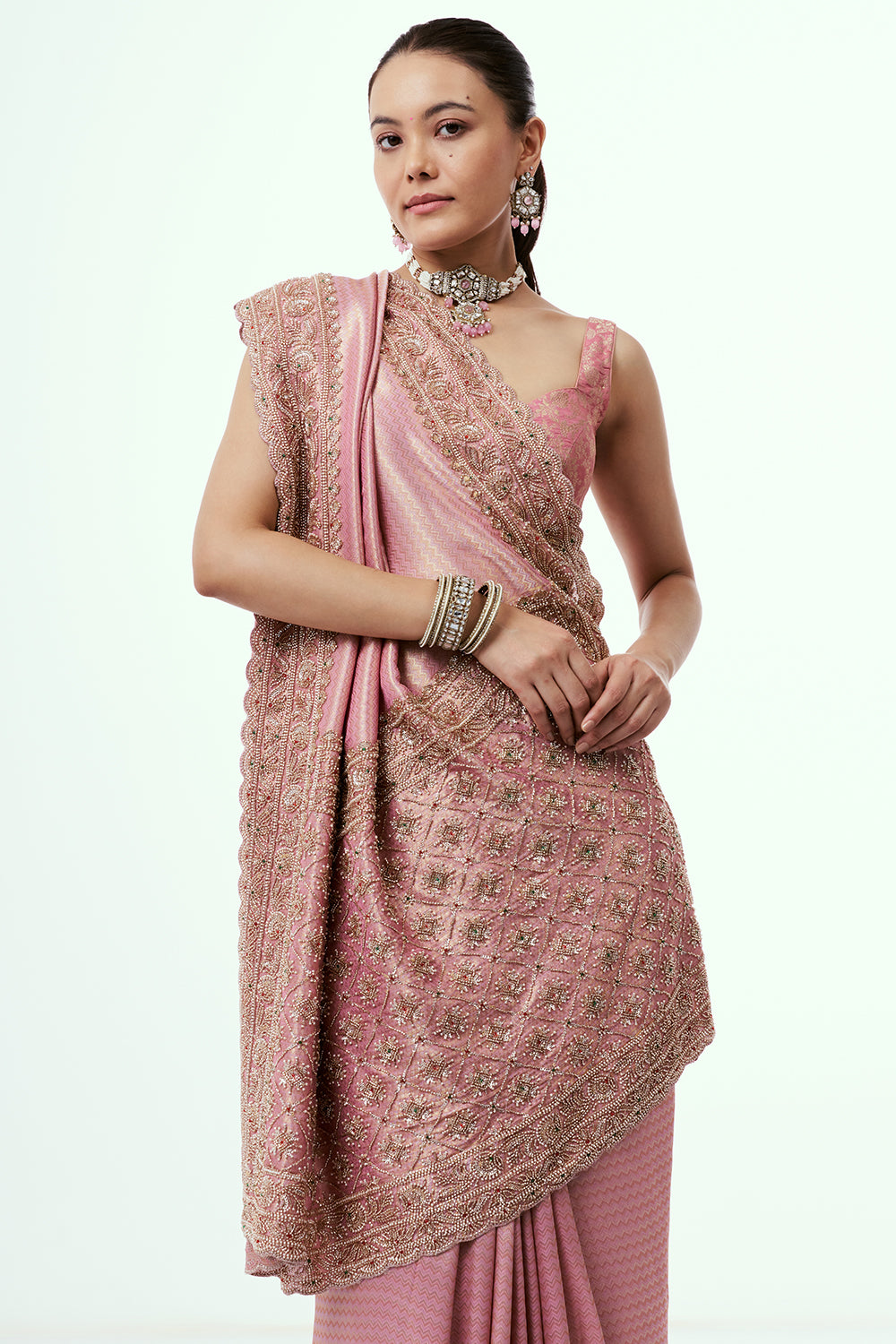 Rose Pink Shimmer Zari Tissue Saree with Cutdana Work