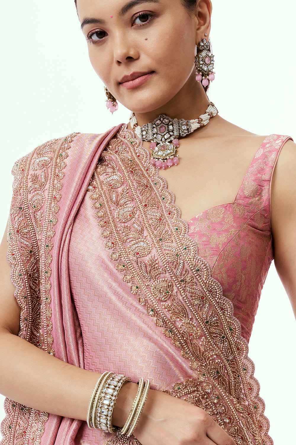 Rose Pink Shimmer Zari Tissue Saree with Cutdana Work