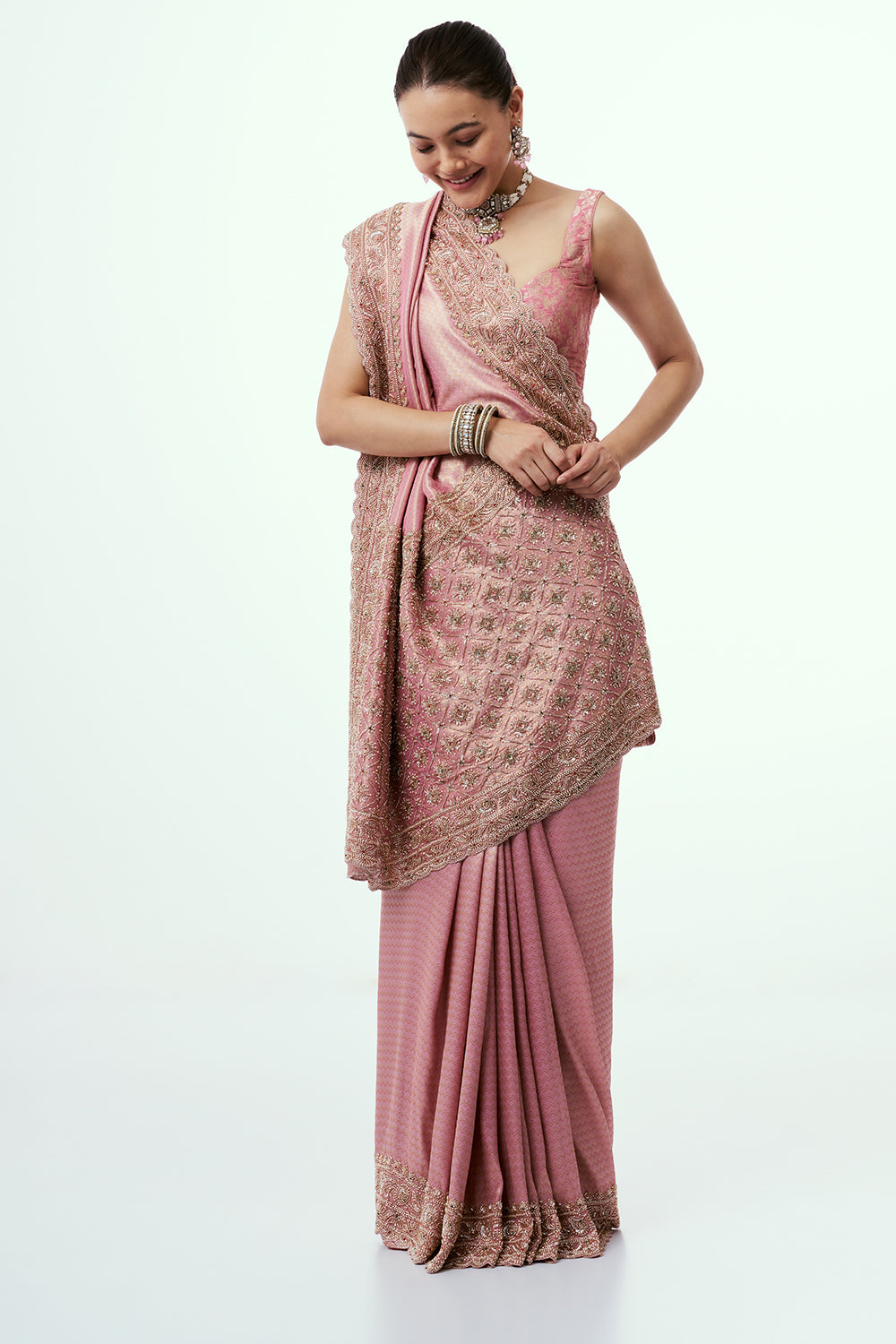 Rose Pink Shimmer Zari Tissue Saree with Cutdana Work