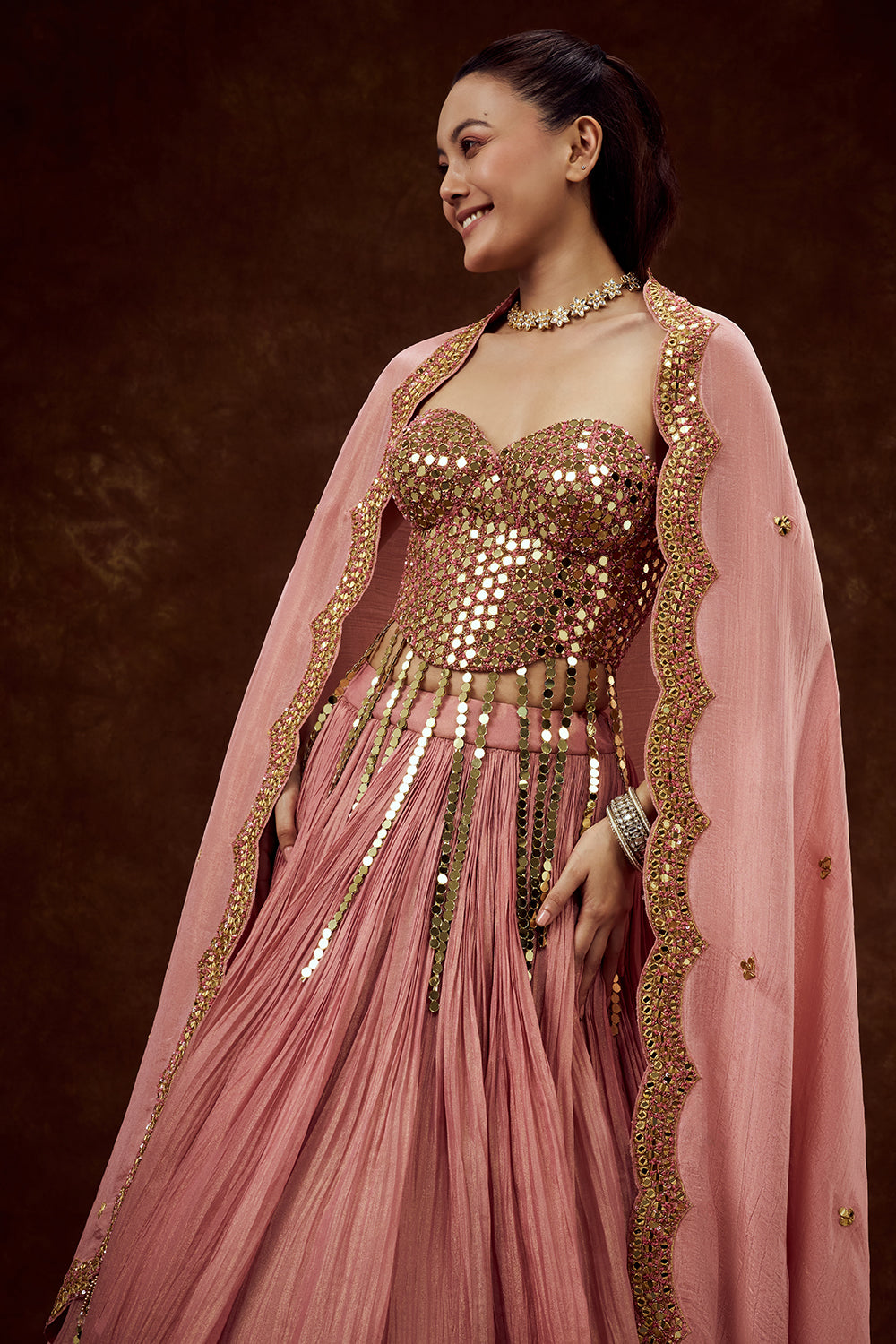 Rose Pink Tissue Lehenga with Mirror and Sequin Work