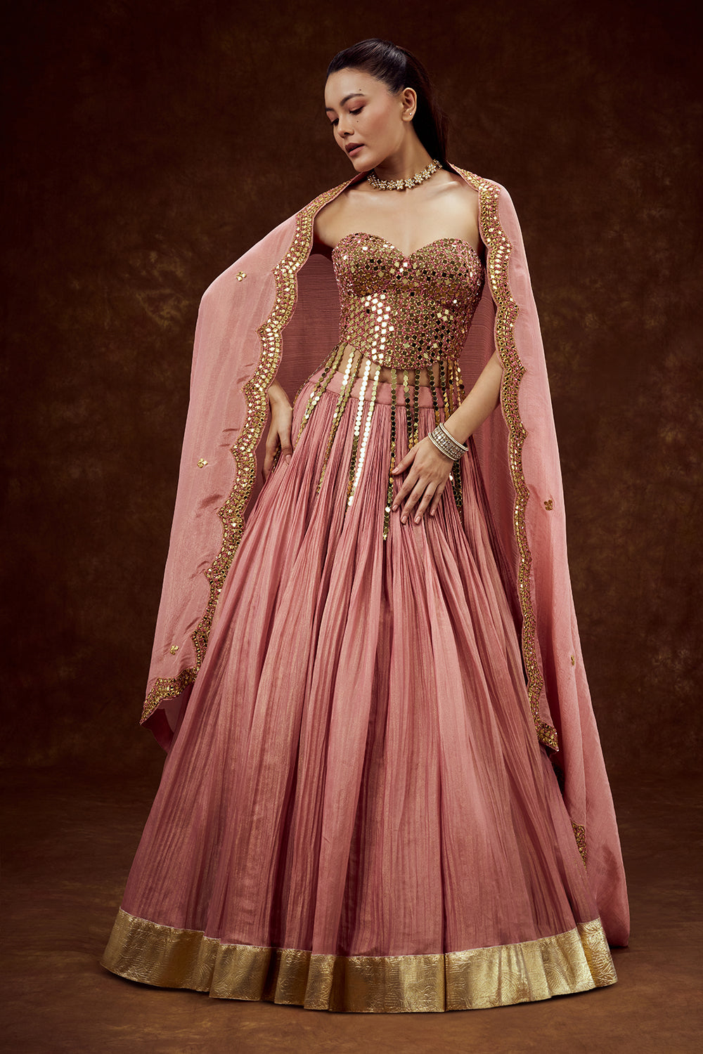 Rose Pink Tissue Lehenga with Mirror and Sequin Work