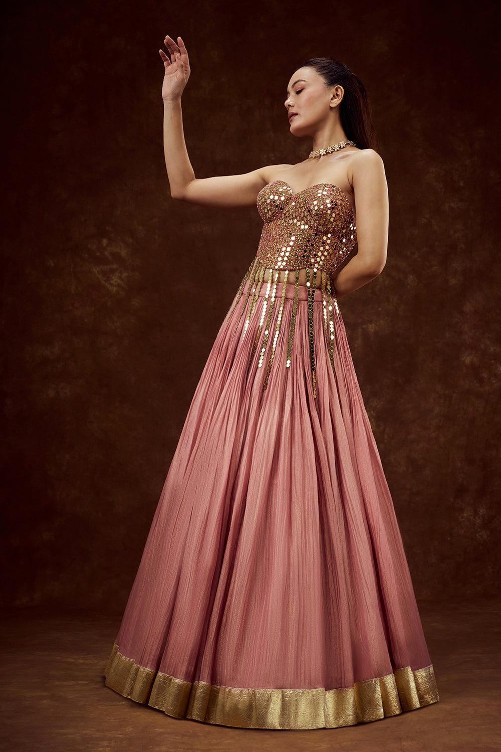 Rose Pink Tissue Lehenga with Mirror and Sequin Work