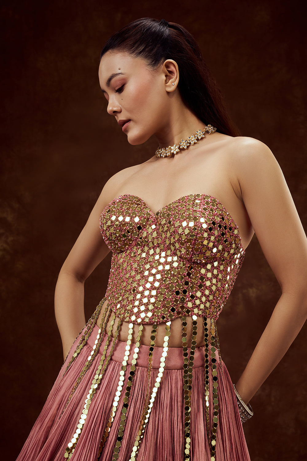 Rose Pink Tissue Lehenga with Mirror and Sequin Work
