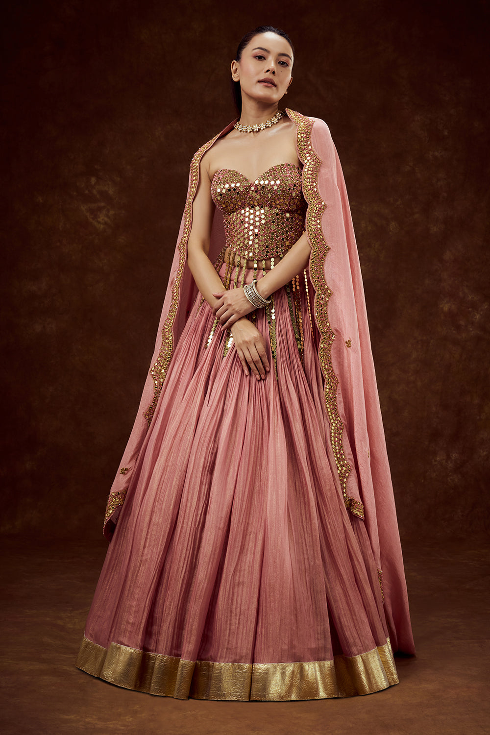 Rose Pink Tissue Lehenga with Mirror and Sequin Work
