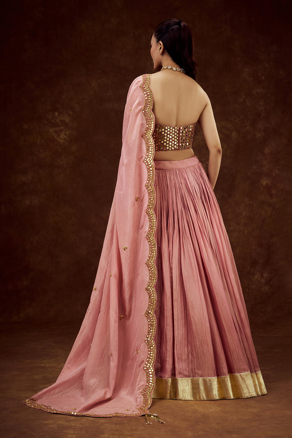 Rose Pink Tissue Lehenga with Mirror and Sequin Work