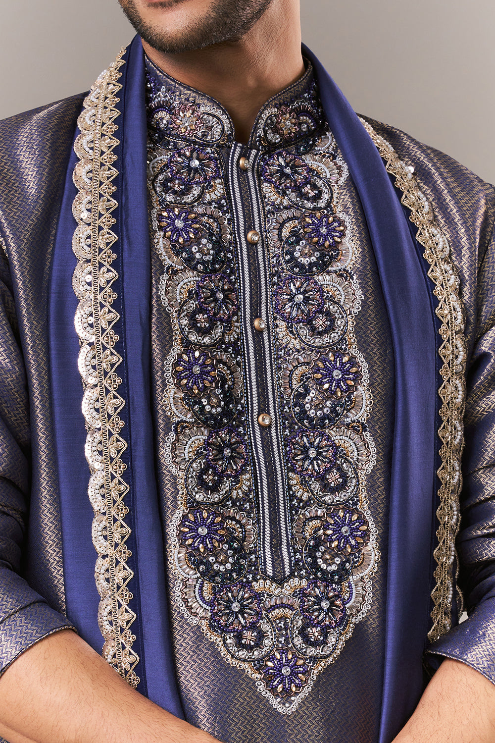 Royal Blue Brocade Silk Mens Kurta Set with Dori and Sequin Work