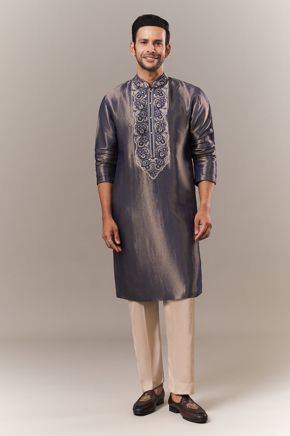 Royal Blue Brocade Silk Mens Kurta Set with Dori and Sequin Work