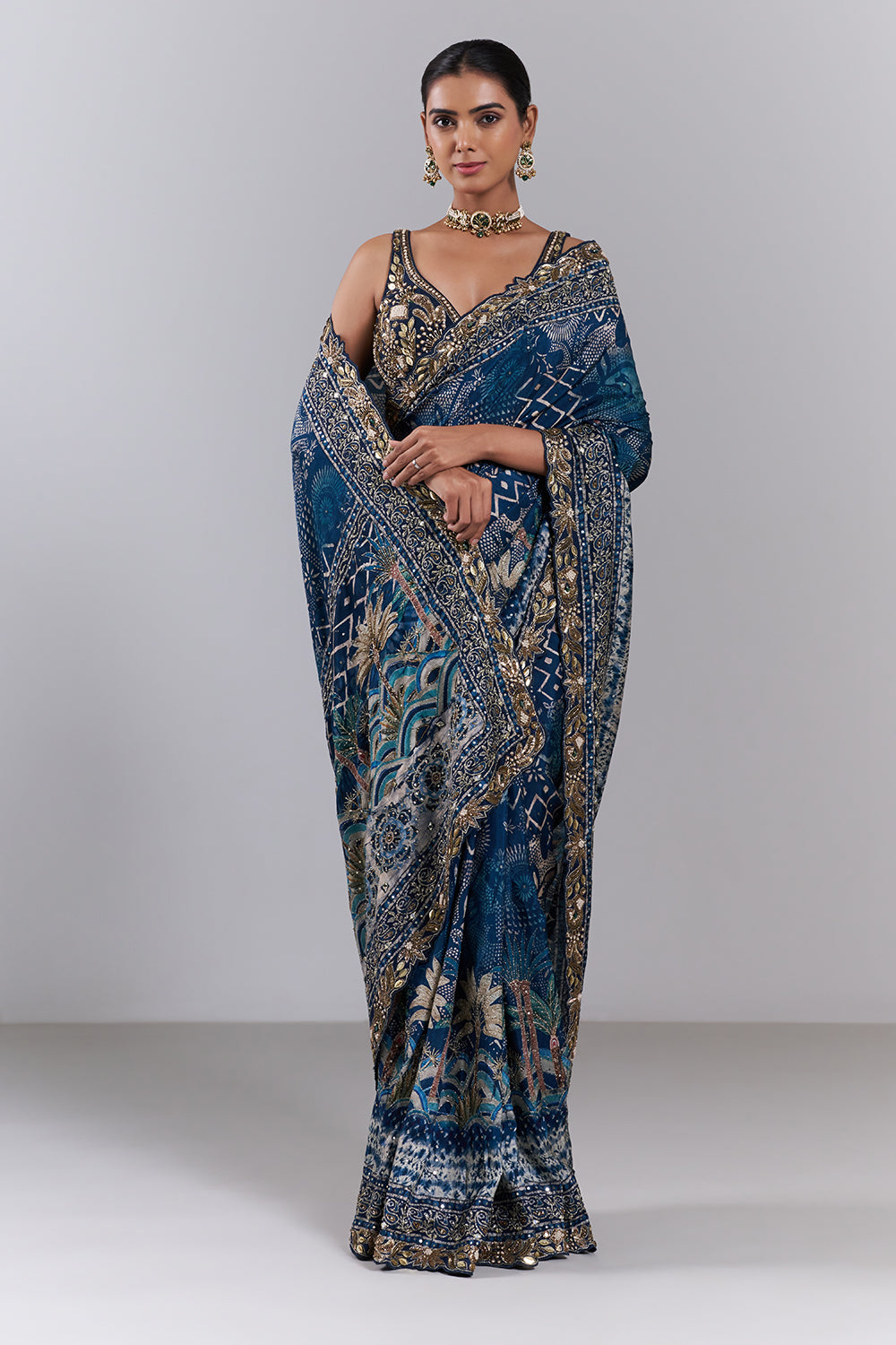 Royal Blue Chiffon Embellished Saree And Stitched Blouse