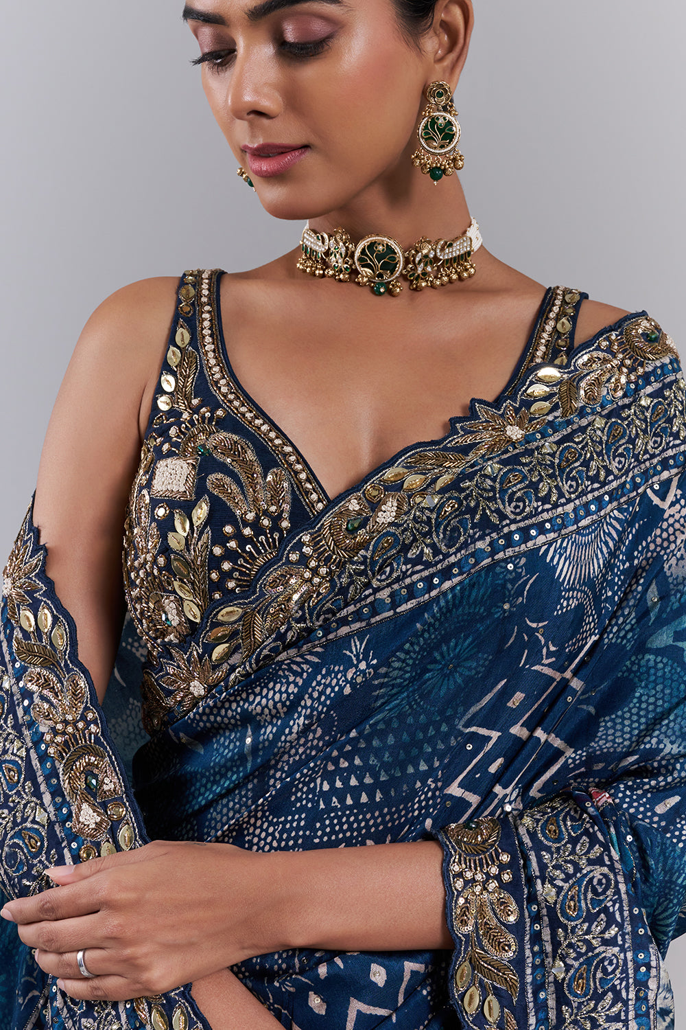 Royal Blue Chiffon Embellished Saree And Stitched Blouse