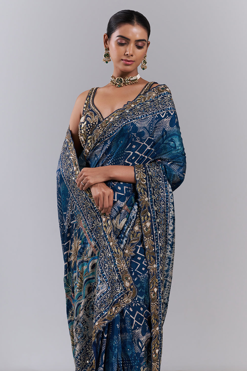 Royal Blue Chiffon Embellished Saree And Stitched Blouse