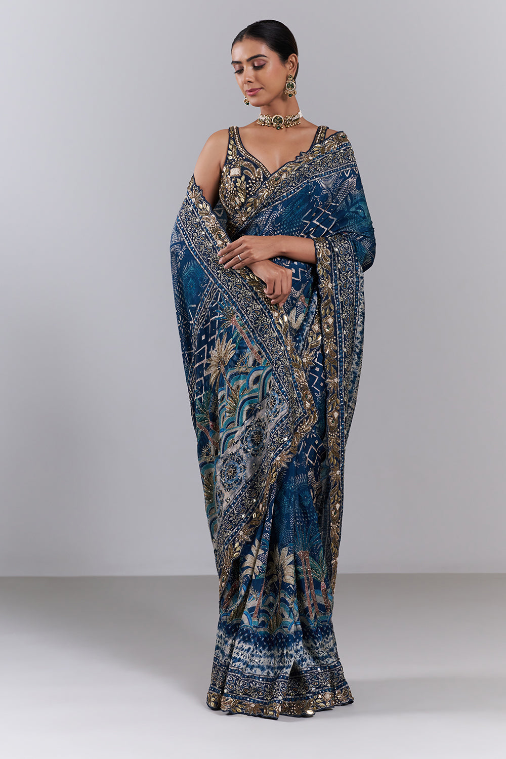Royal Blue Chiffon Embellished Saree And Stitched Blouse