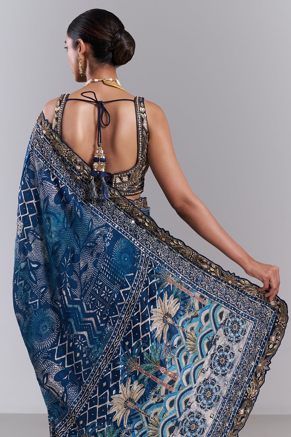 Royal Blue Chiffon Embellished Saree And Stitched Blouse