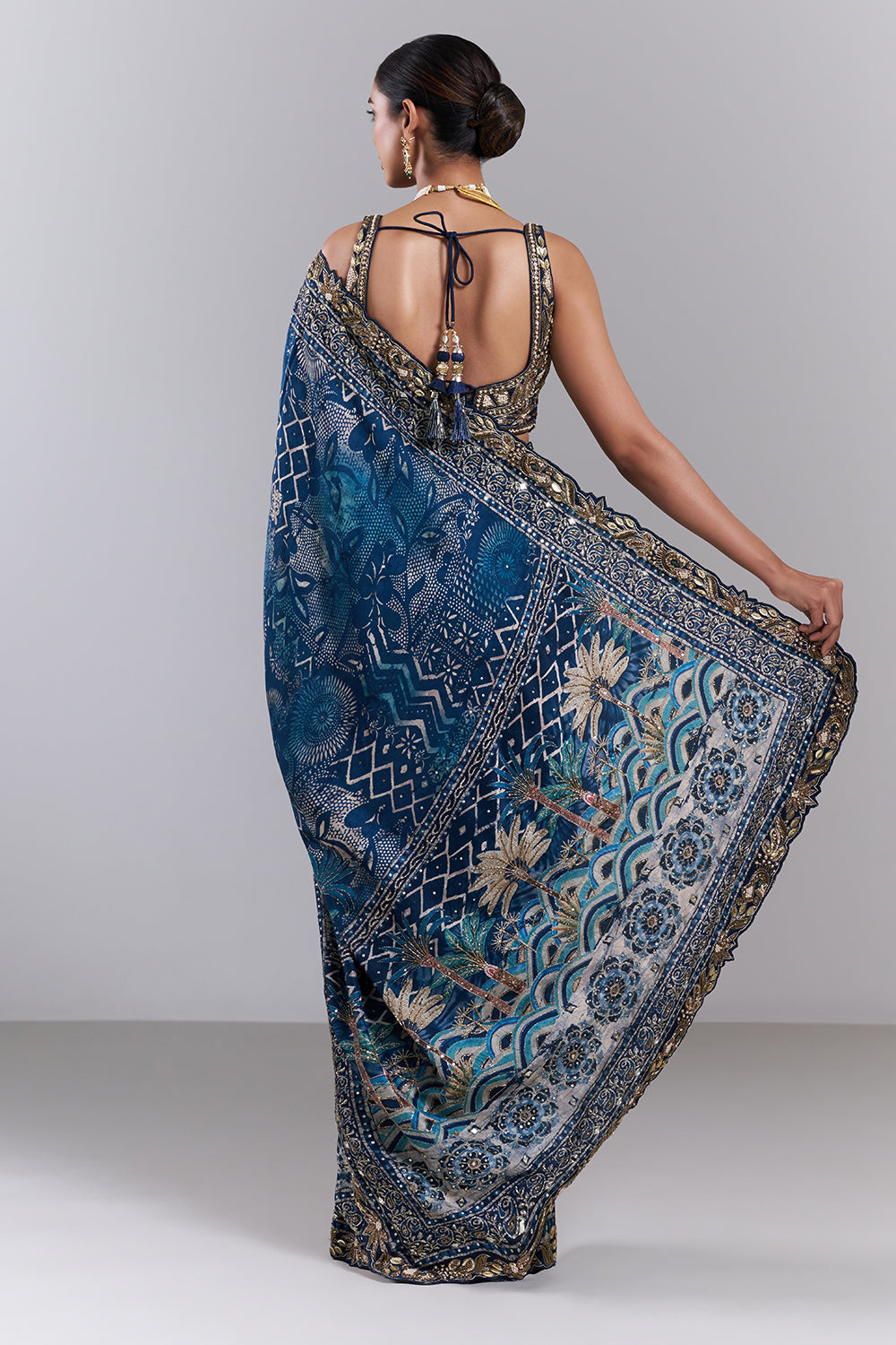 Royal Blue Chiffon Embellished Saree And Stitched Blouse