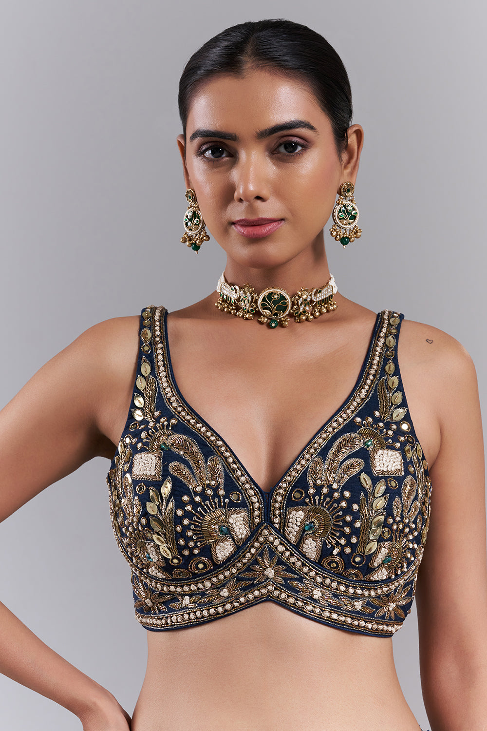 Royal Blue Chiffon Embellished Saree And Stitched Blouse