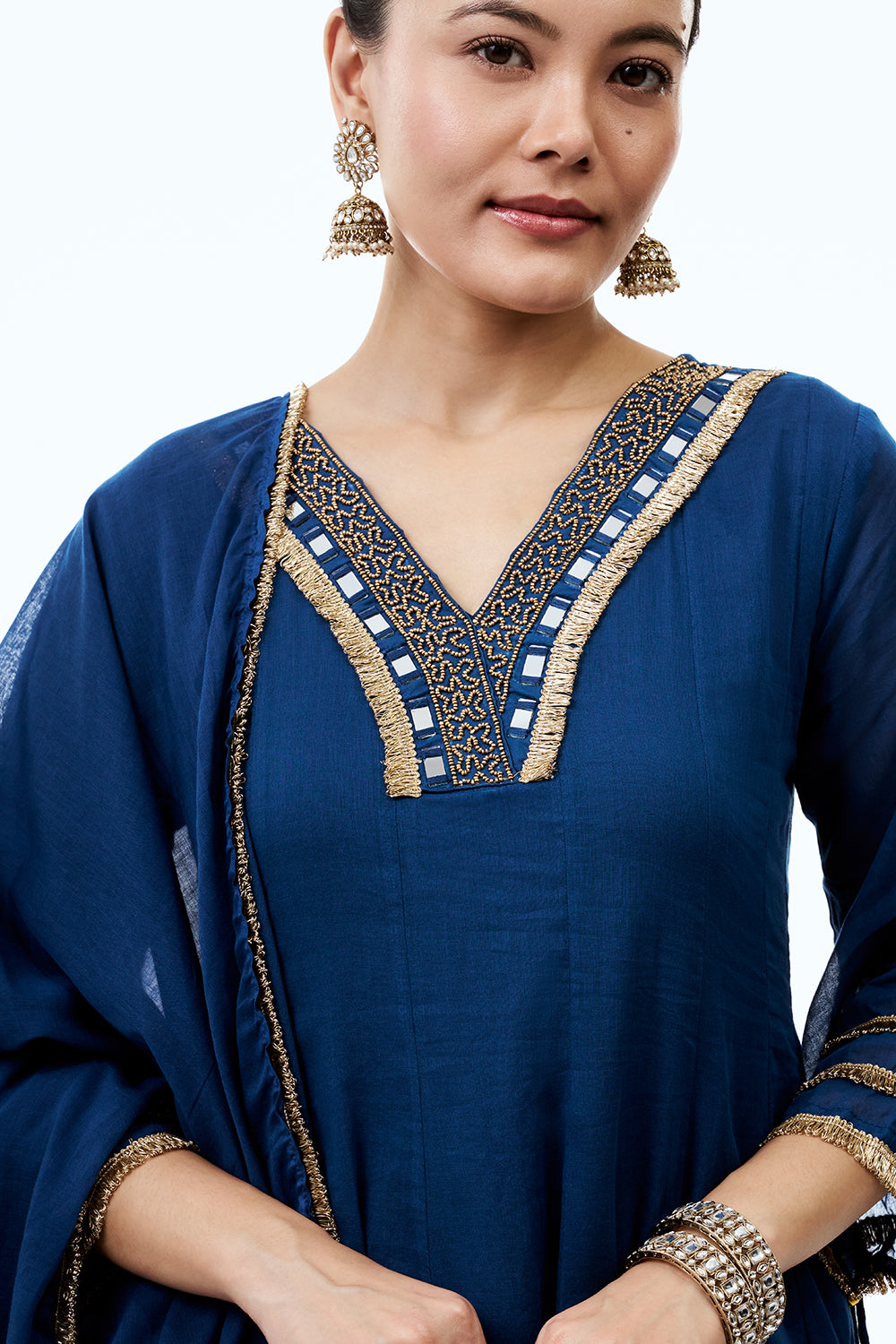 Royal Blue Cotton Semi-Anarkali Suit with Gold Beads and Resham Embroidery