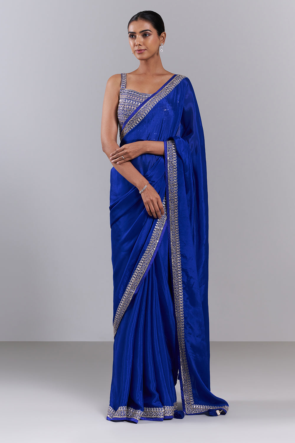 Royal Blue Crepe Embroidered Saree And Stitched Blouse