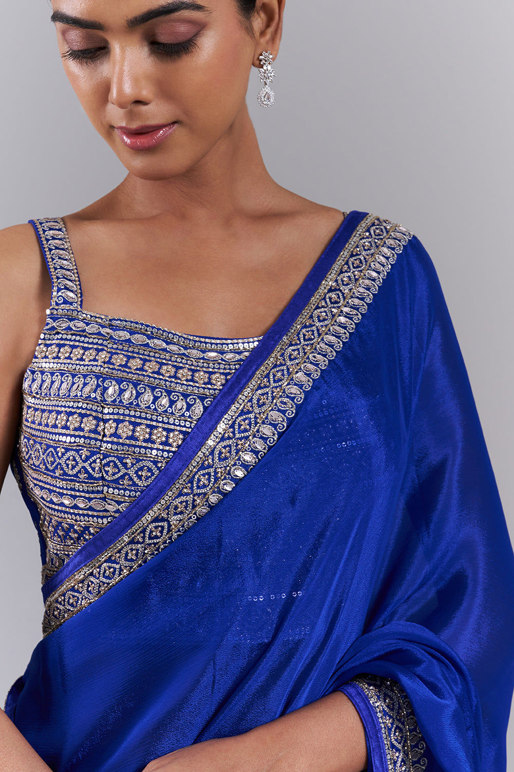Royal Blue Crepe Embroidered Saree And Stitched Blouse