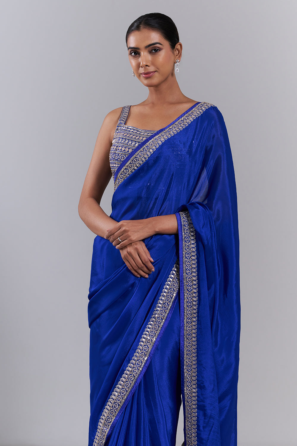 Royal Blue Crepe Embroidered Saree And Stitched Blouse