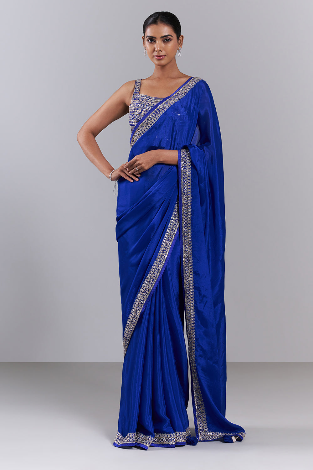 Royal Blue Crepe Embroidered Saree And Stitched Blouse