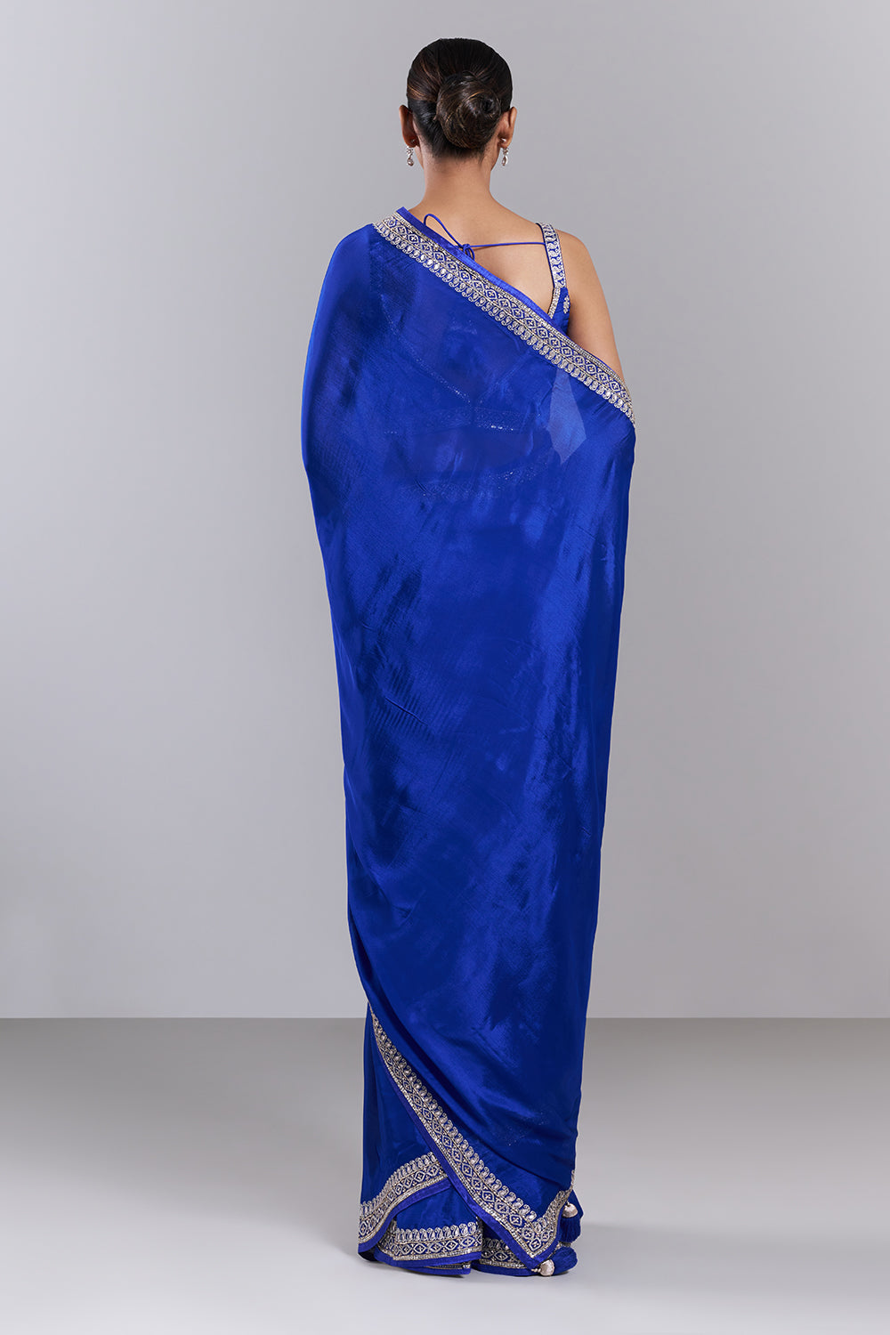 Royal Blue Crepe Embroidered Saree And Stitched Blouse