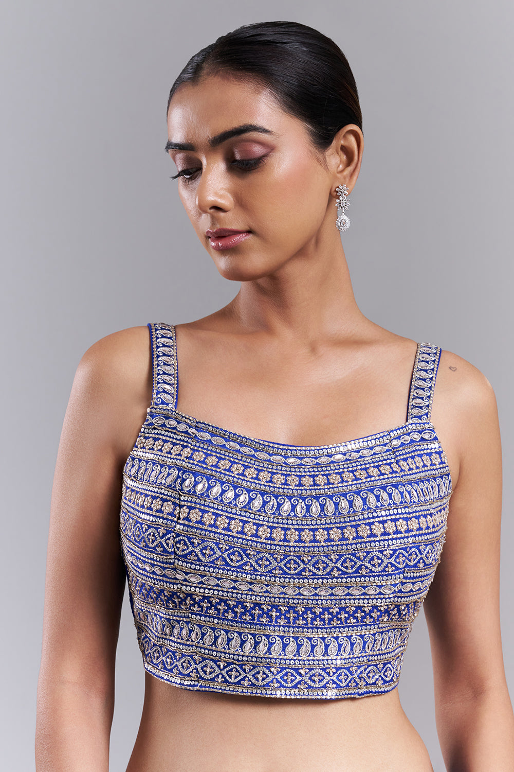 Royal Blue Crepe Embroidered Saree And Stitched Blouse