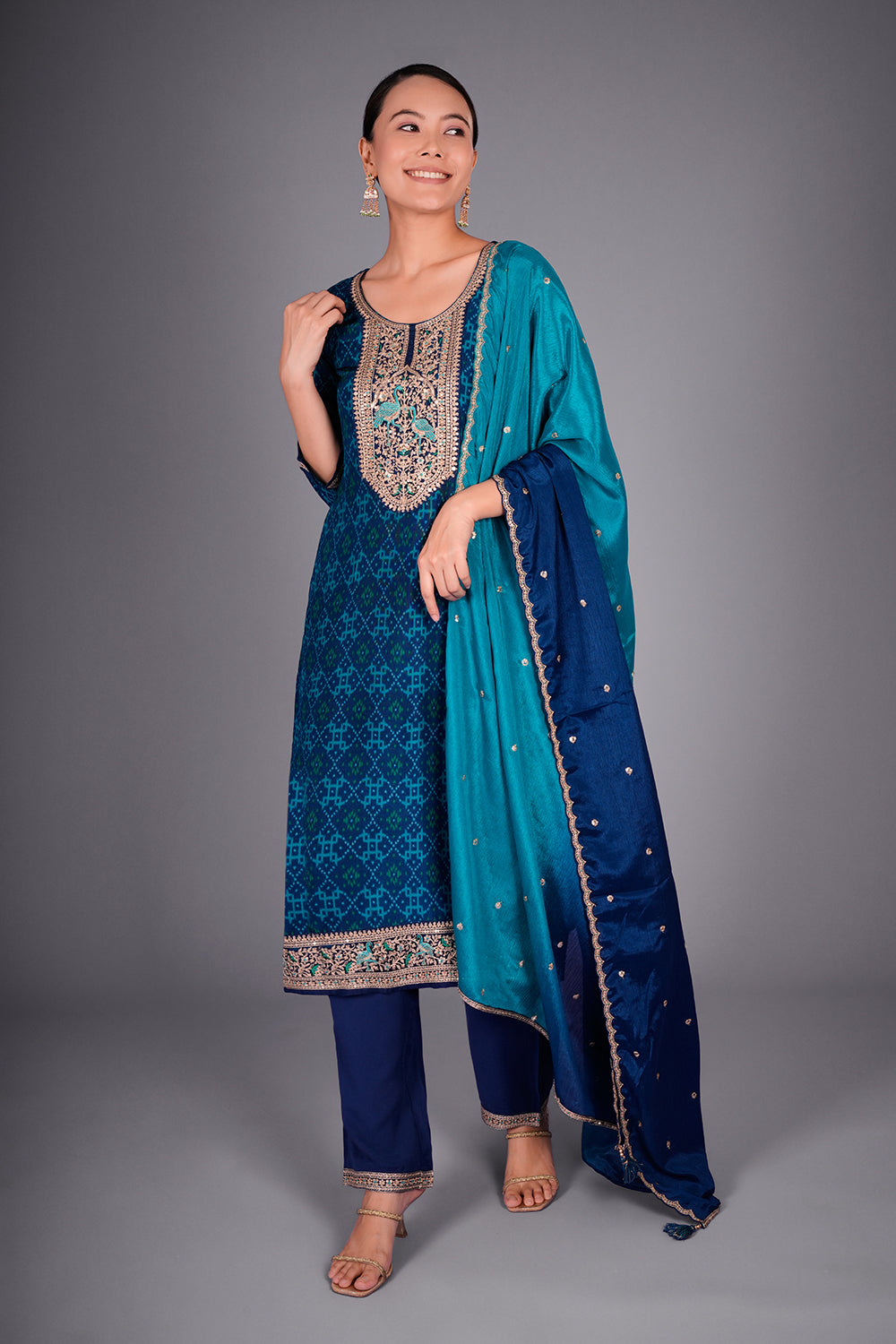 Royal Blue Crepe Kurta Set with Patola Print and Zari Embroidery