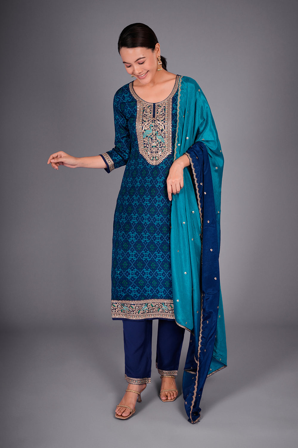 Royal Blue Crepe Kurta Set with Patola Print and Zari Embroidery