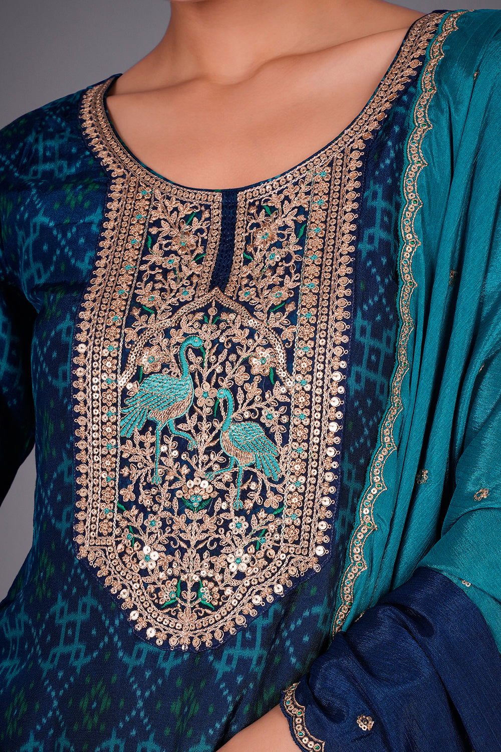 Royal Blue Crepe Kurta Set with Patola Print and Zari Embroidery