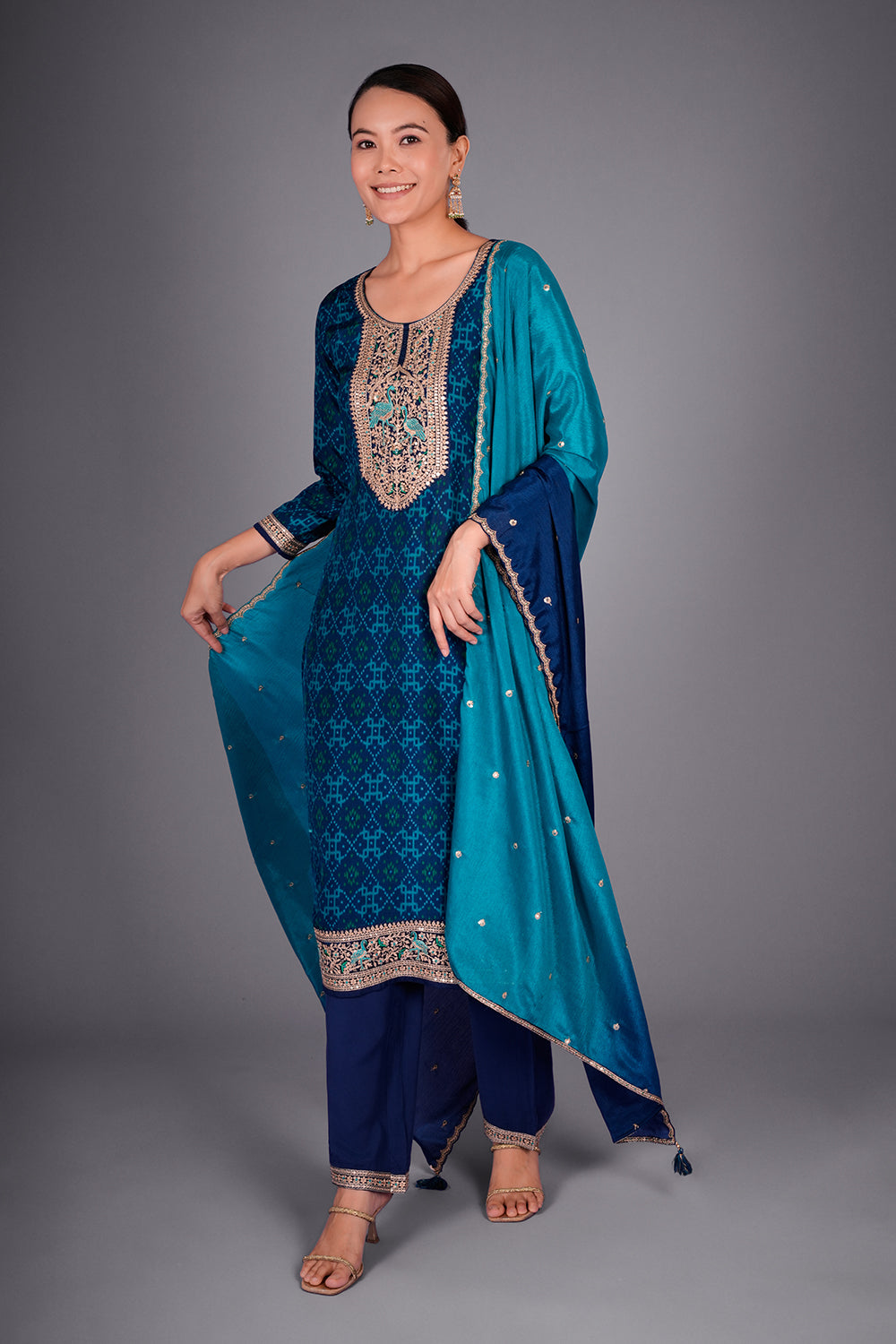 Royal Blue Crepe Kurta Set with Patola Print and Zari Embroidery