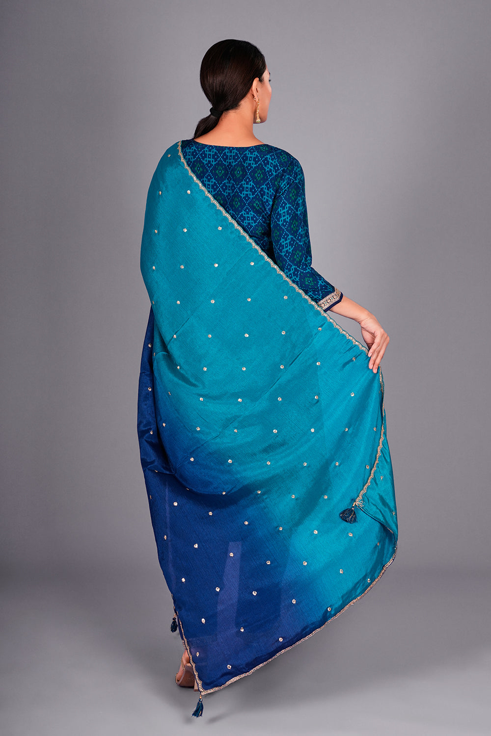 Royal Blue Crepe Kurta Set with Patola Print and Zari Embroidery