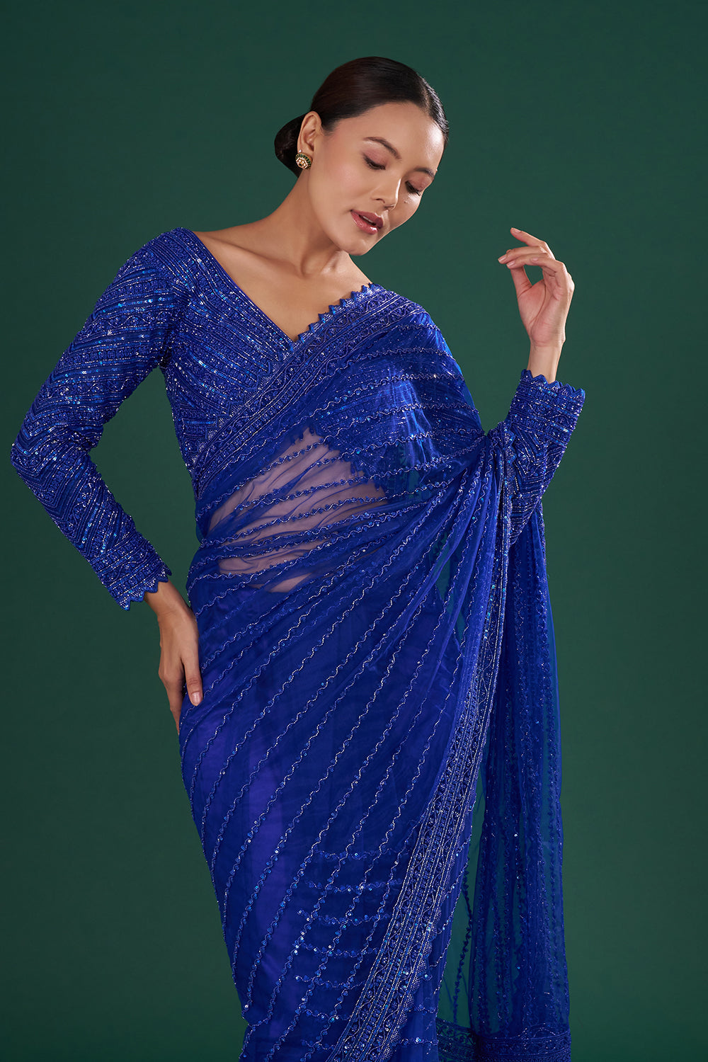 Royal Blue Net Saree with Cutdana Embroidery and Stitched Blouse