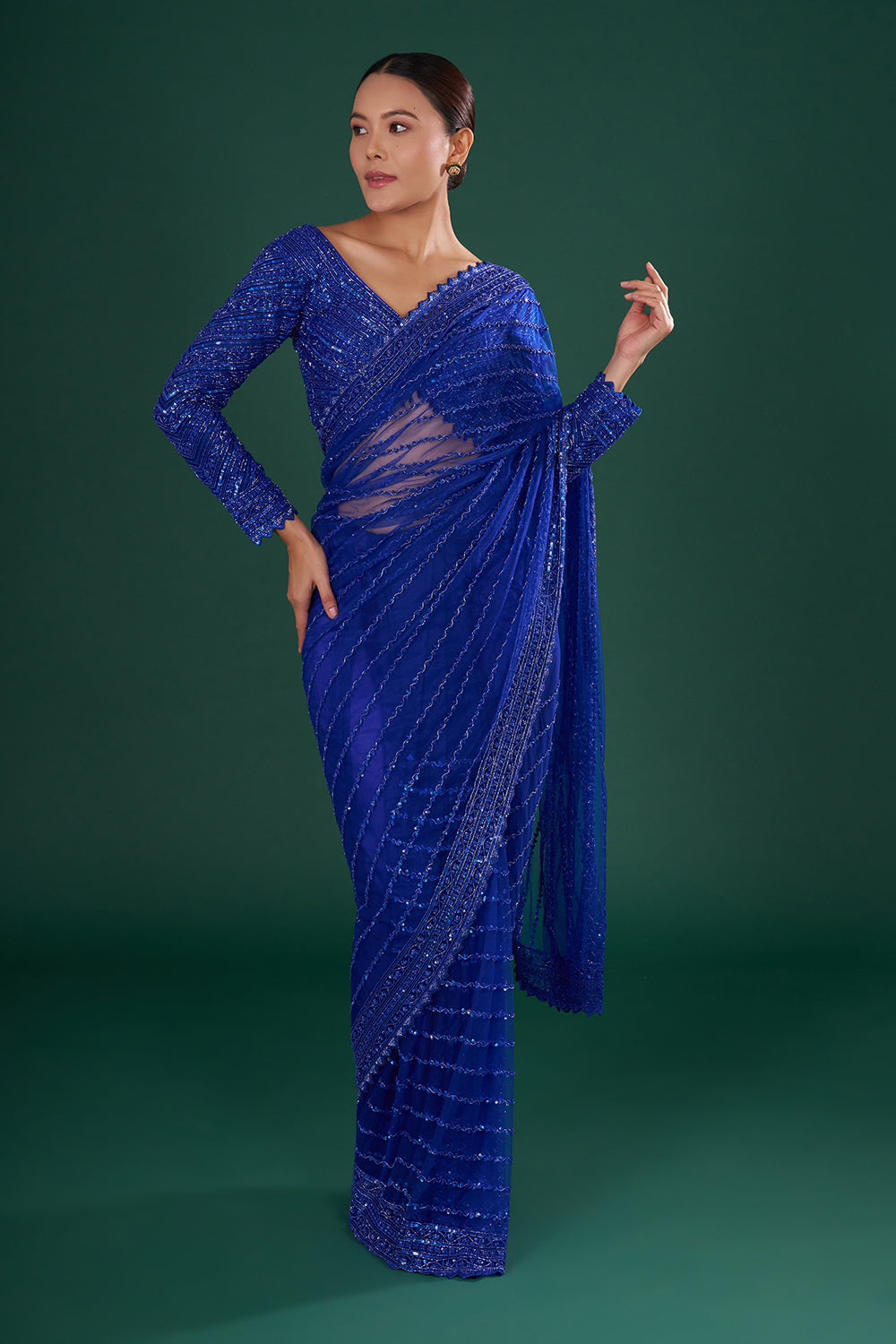Royal Blue Net Saree with Cutdana Embroidery and Stitched Blouse