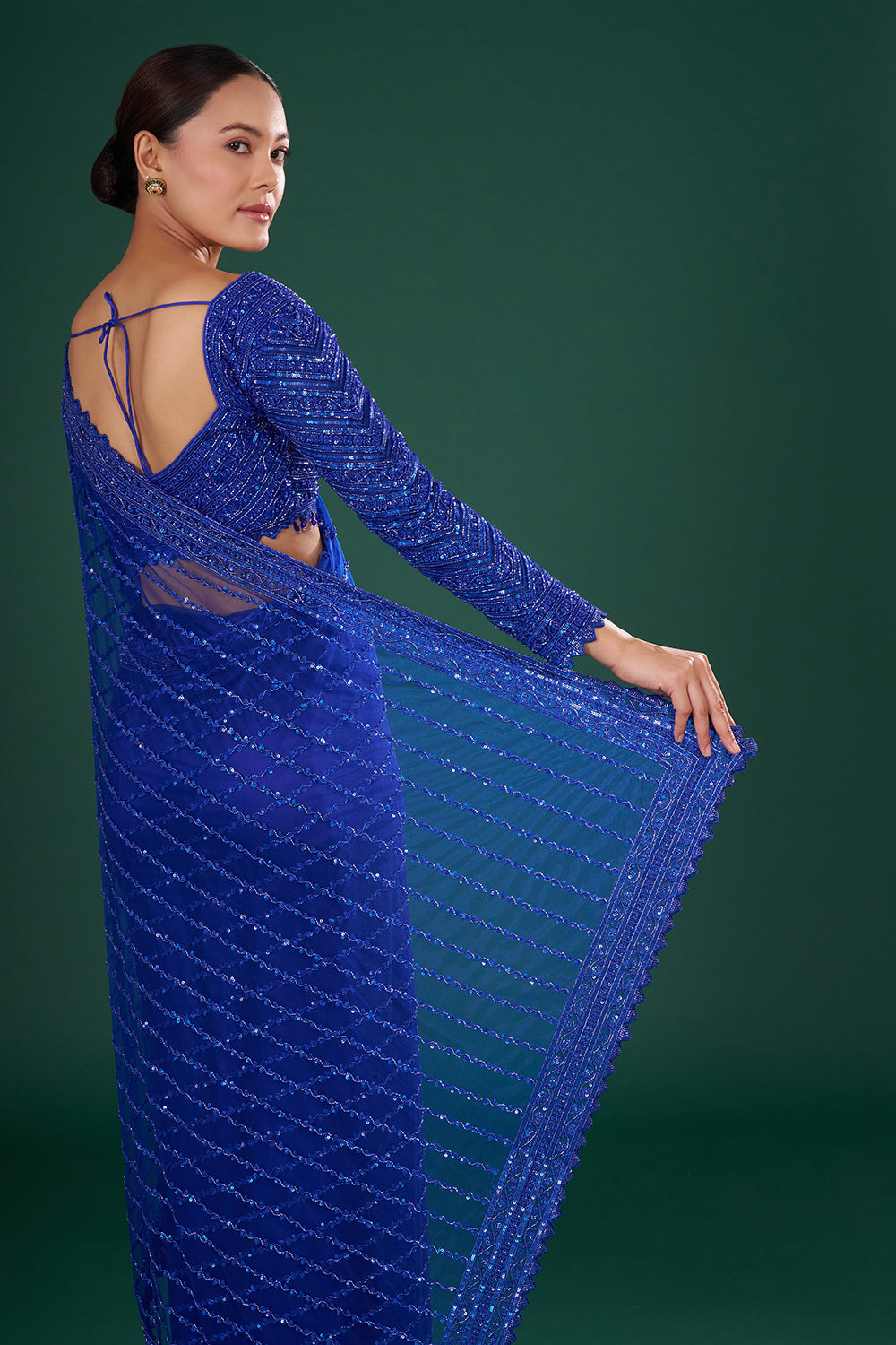 Royal Blue Net Saree with Cutdana Embroidery and Stitched Blouse