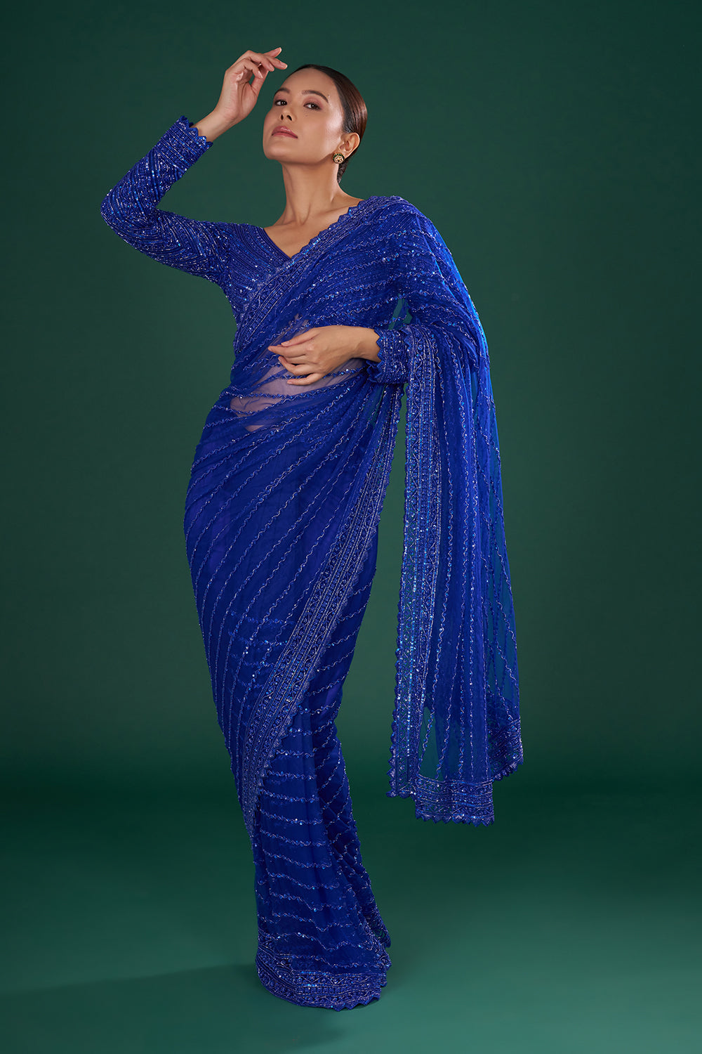 Royal Blue Net Saree with Cutdana Embroidery and Stitched Blouse