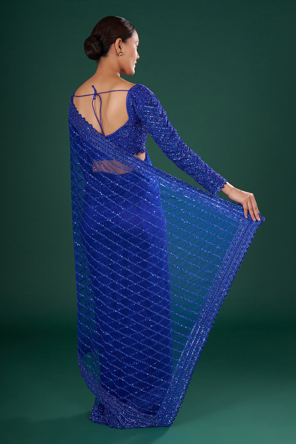 Royal Blue Net Saree with Cutdana Embroidery and Stitched Blouse