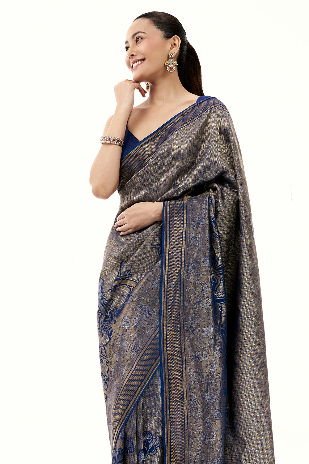 Royal Blue Jacquard Silk Woven Saree with Nature Inspired Motifs