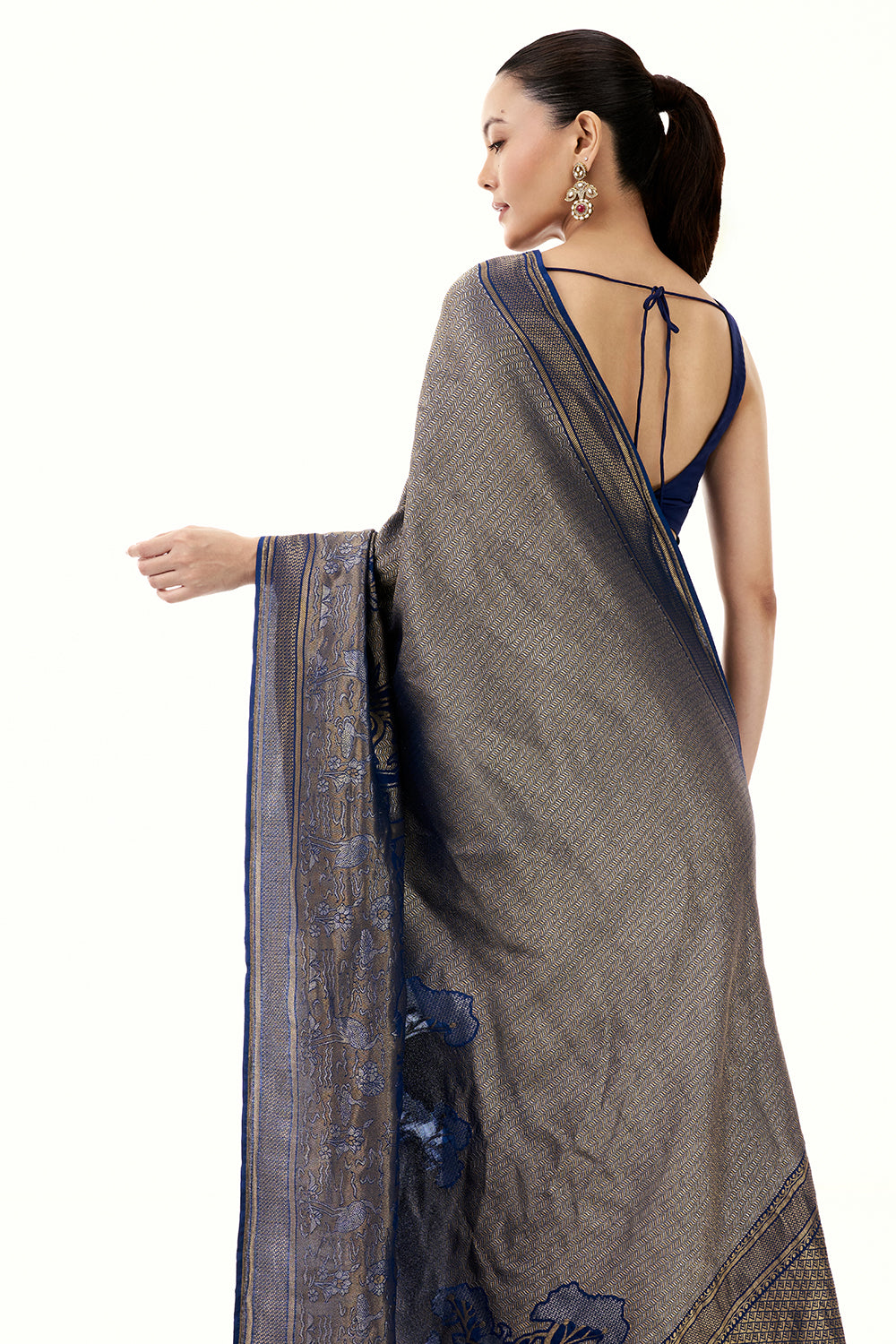Royal Blue Jacquard Silk Woven Saree with Nature Inspired Motifs