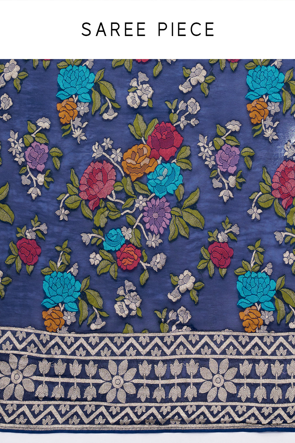 Royal Blue Khadi Georgette Woven Saree with Floral Designs