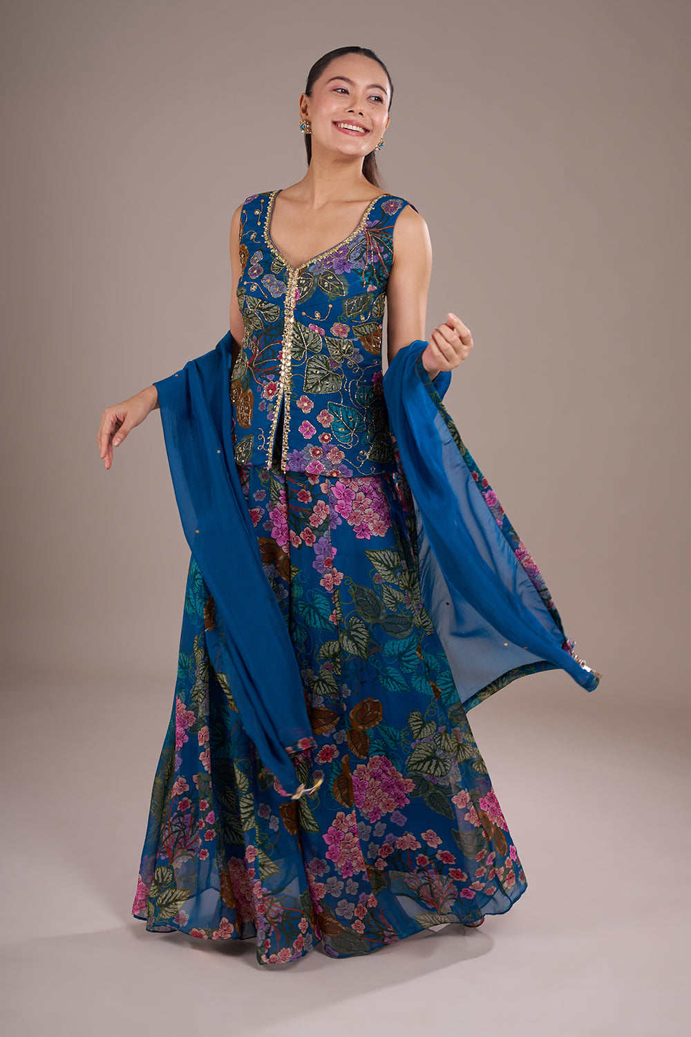 Royal Blue Organza Floral Printed Indo-Western Set