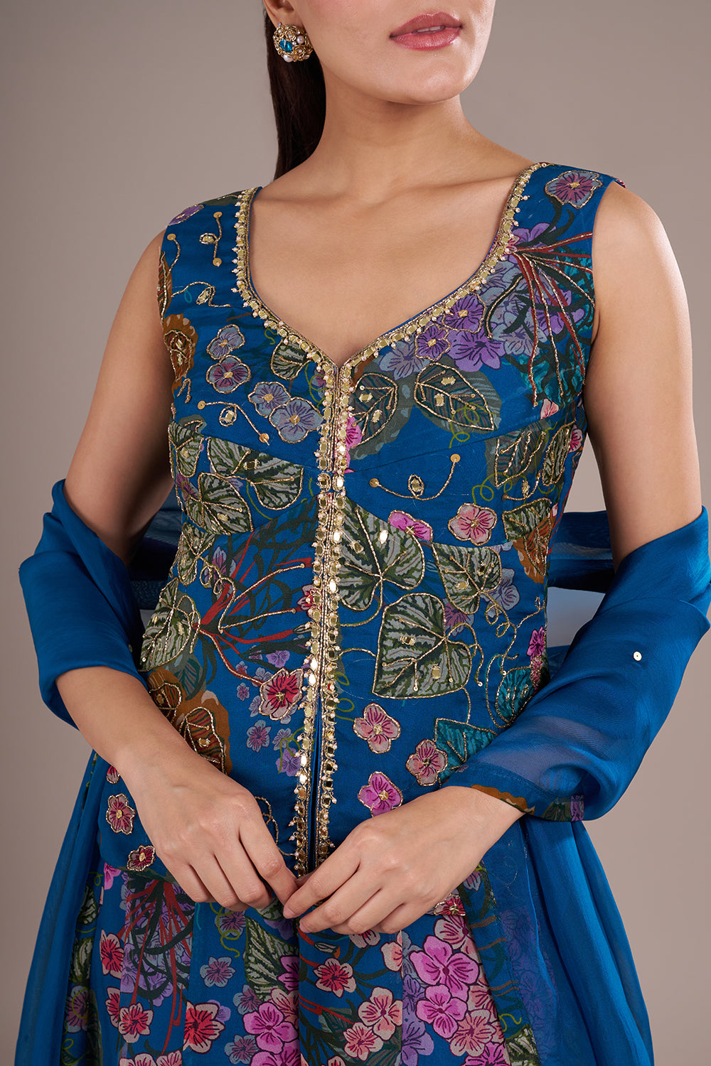 Royal Blue Organza Floral Printed Indo-Western Set