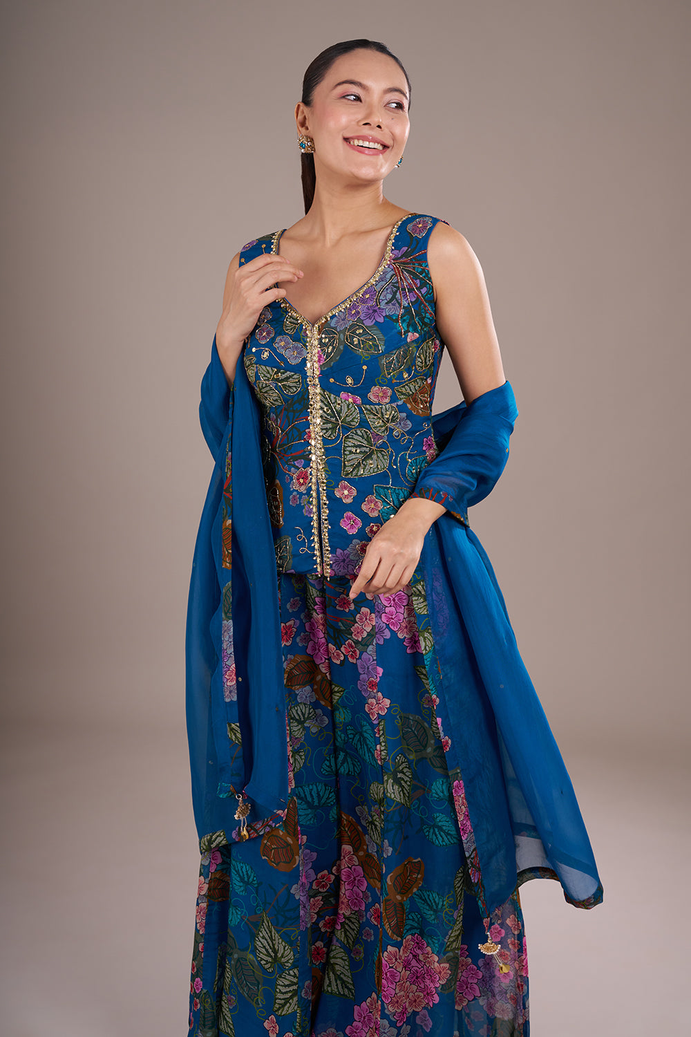 Royal Blue Organza Floral Printed Indo-Western Set