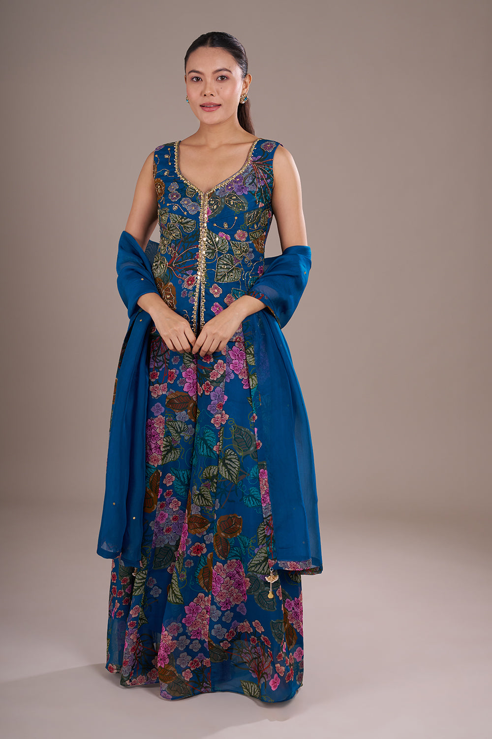 Royal Blue Organza Floral Printed Indo-Western Set