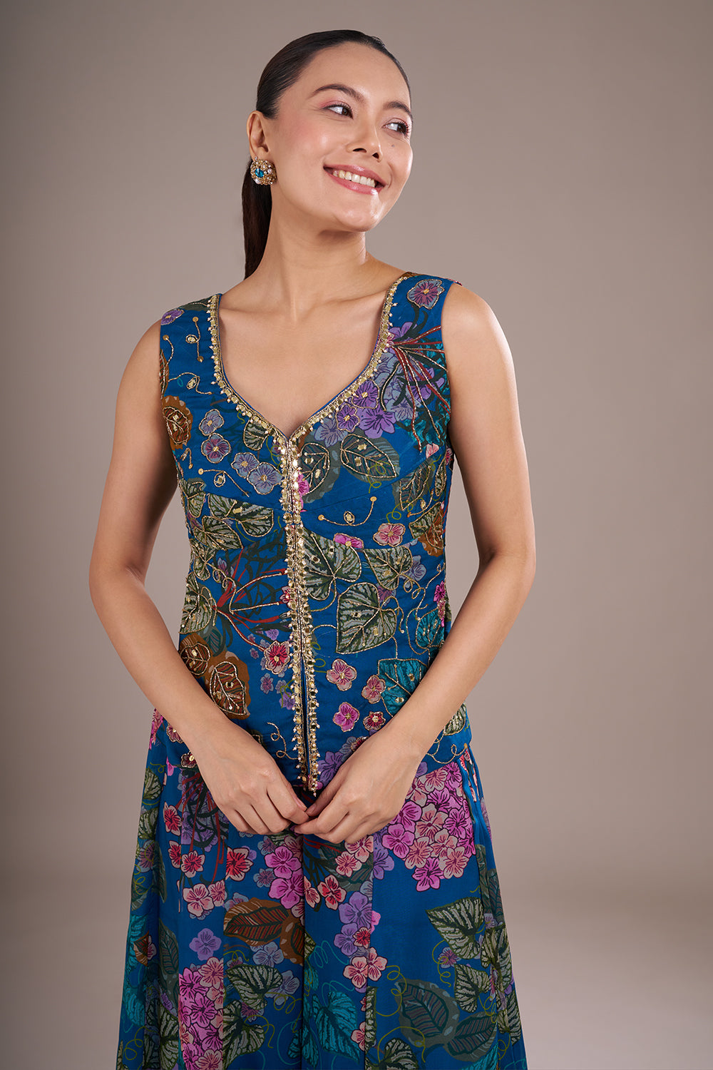 Royal Blue Organza Floral Printed Indo-Western Set