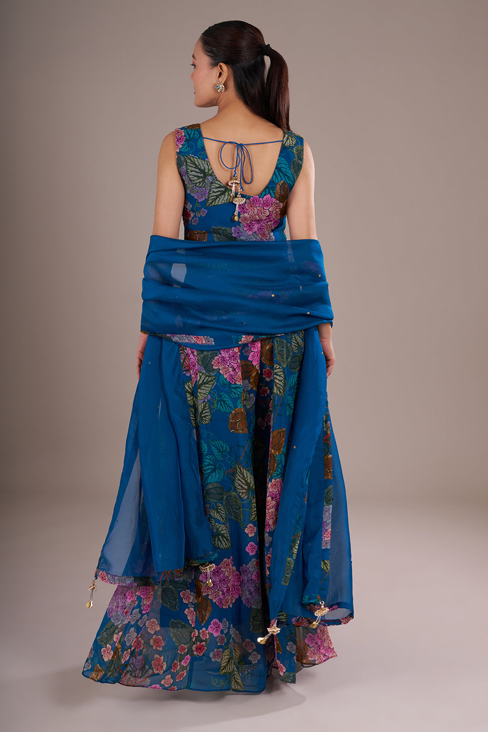 Royal Blue Organza Floral Printed Indo-Western Set