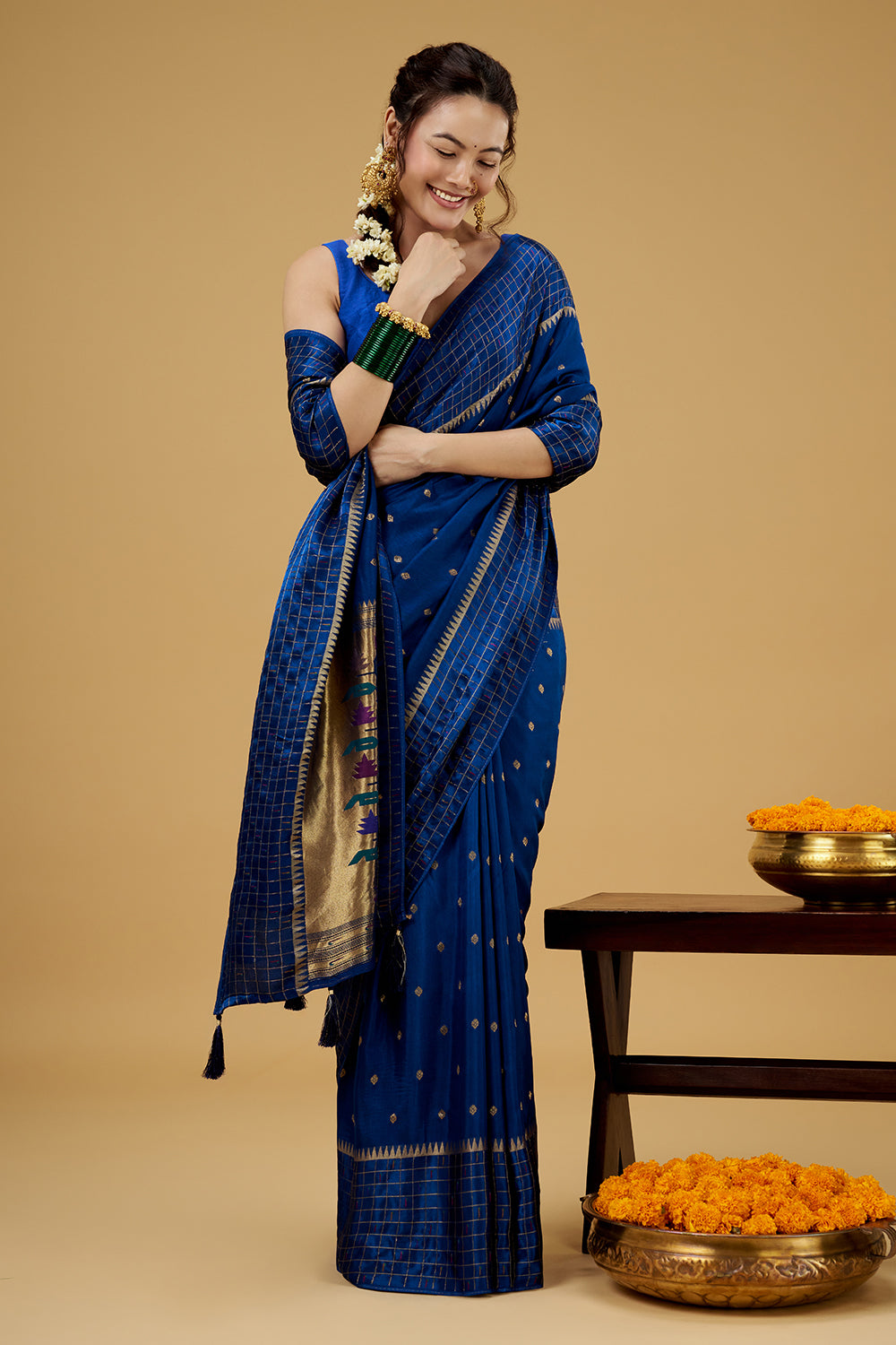 Royal Blue Satin Silk Saree with Zari Work