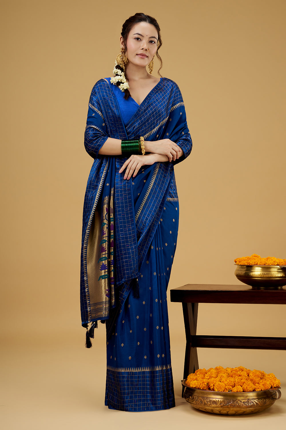 Royal Blue Satin Silk Saree with Zari Work